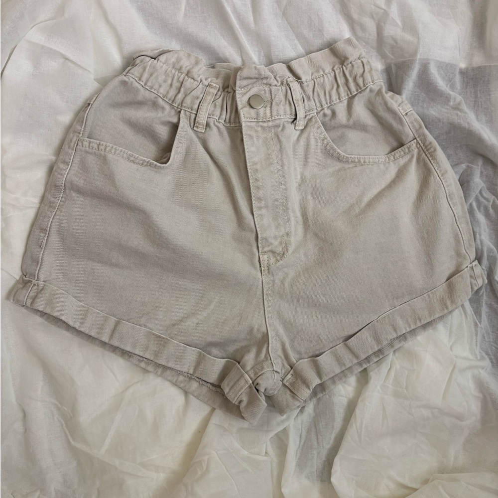 Tan High-Waisted Paperbag Shorts